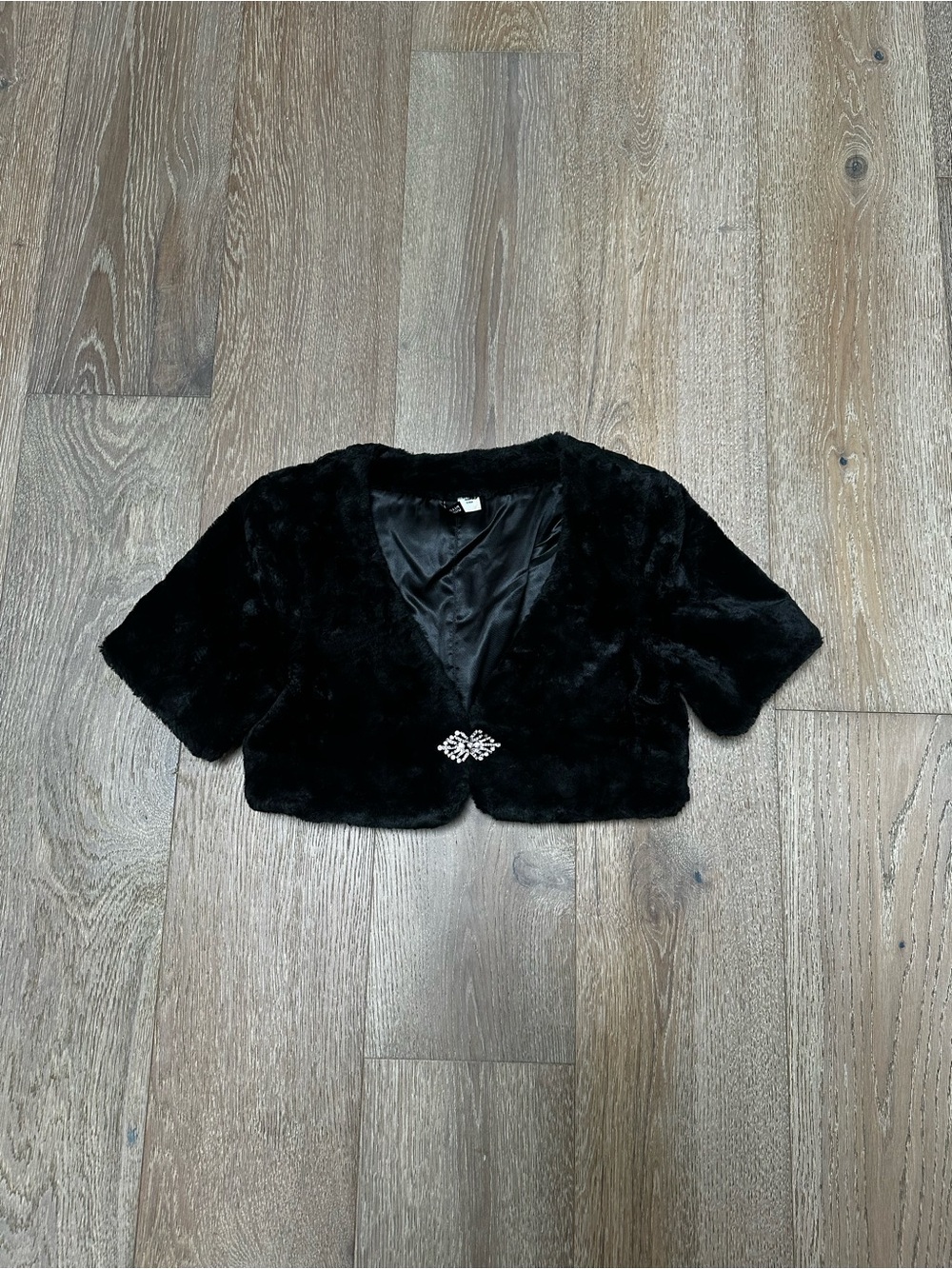 Divided Black Faux Fur Cropped Bolero Jacket with Decorative Clasp